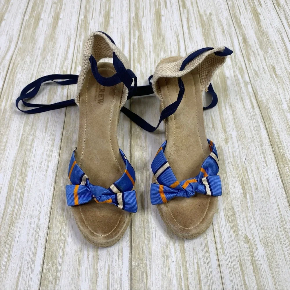 J. Crew Blue Striped Marianne Wrap Ankle Espadrille Wedge Sandals